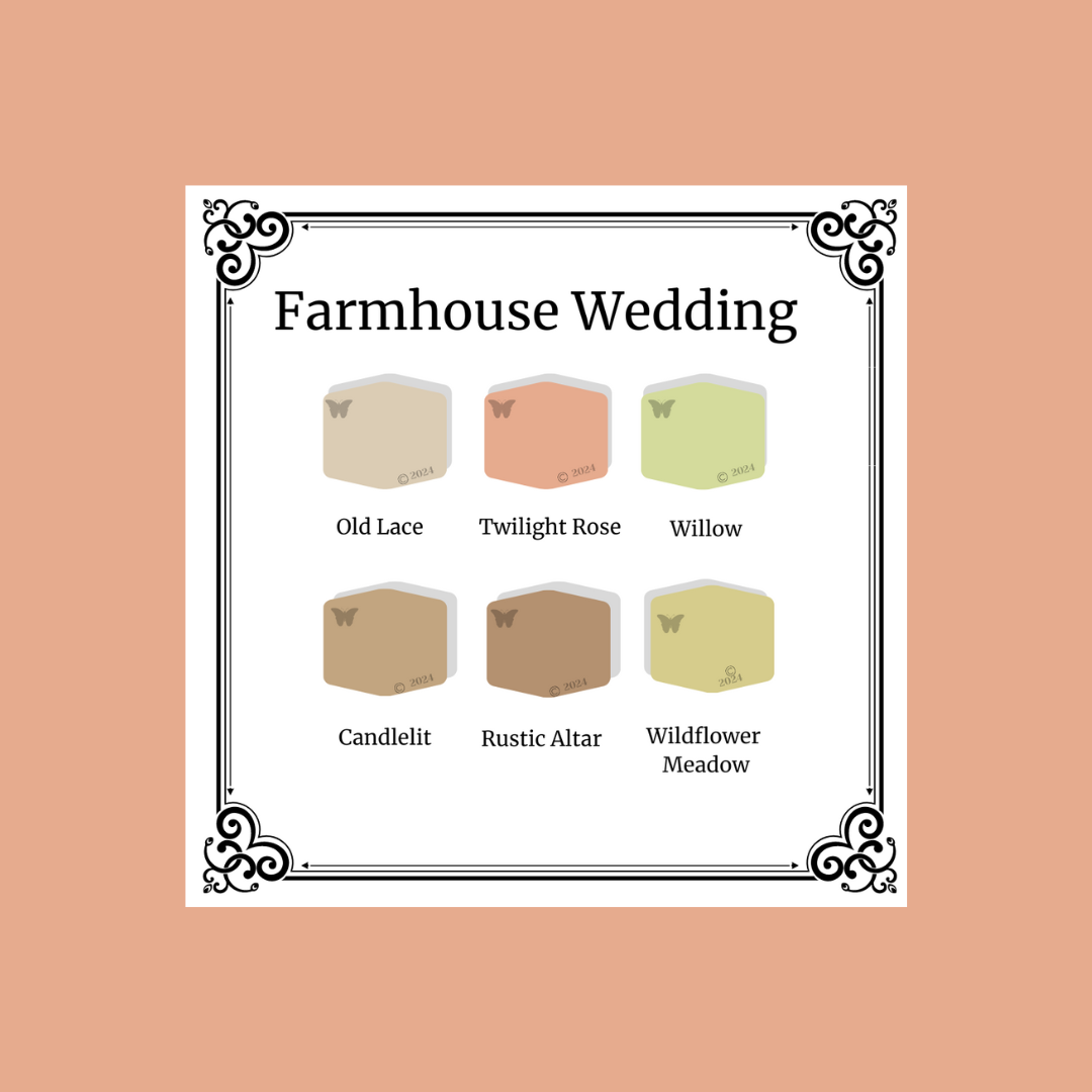 Farmhouse Wedding Palette showing all 6 colors in a warm neutral frame: old lace, twilight rose, willow, candlelit, Rustic Alter and wildflower Meadow