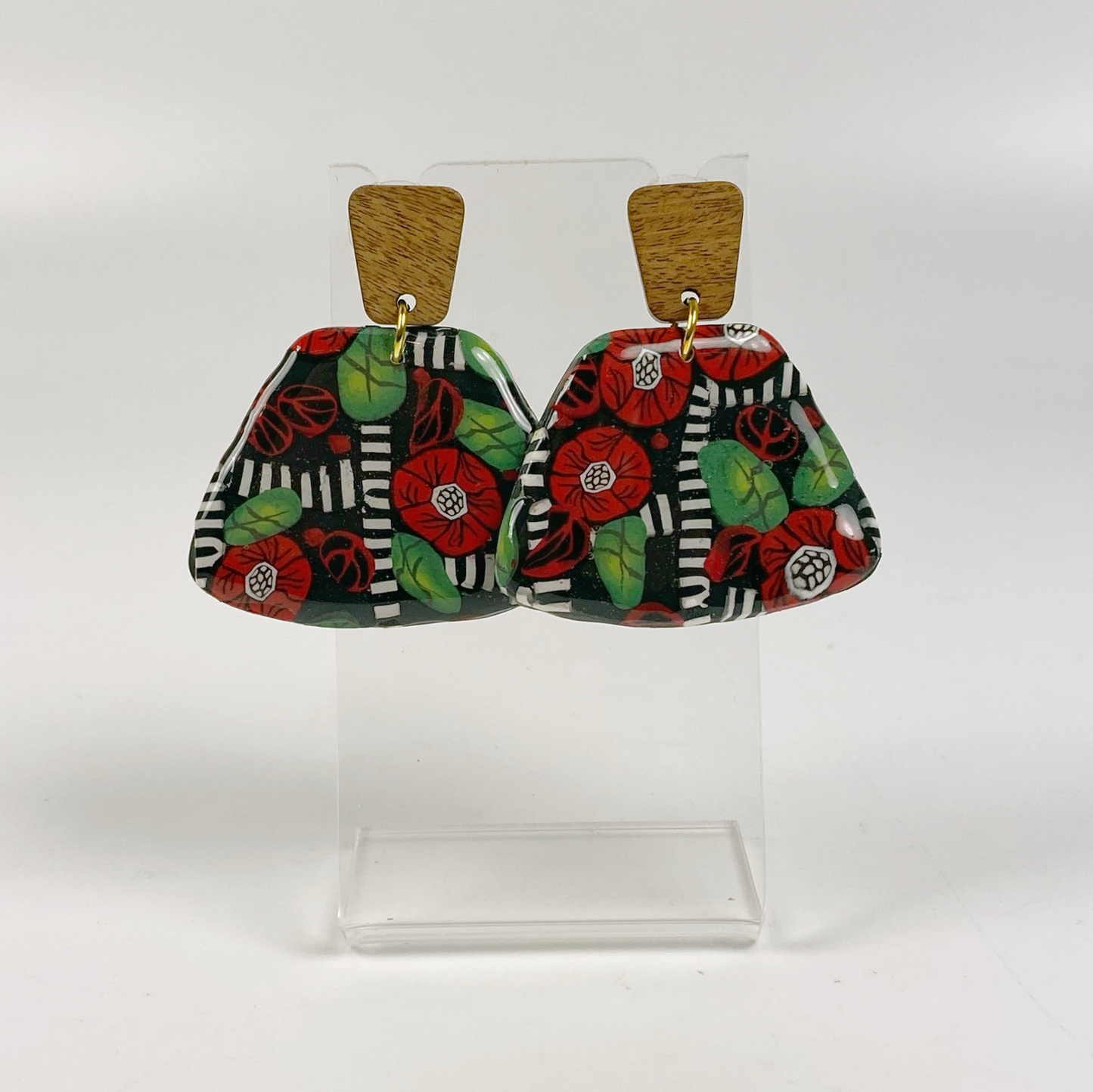 Red Rose on Lattice Handmade Polymer Clay Earrings
