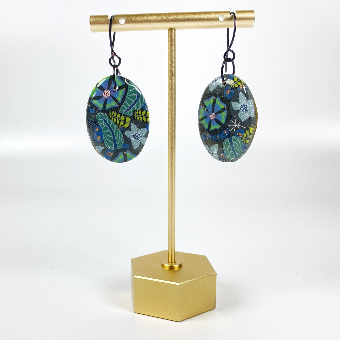 Night Blossom Handmade Polymer Clay Dangle Earrings II on brass earring stand