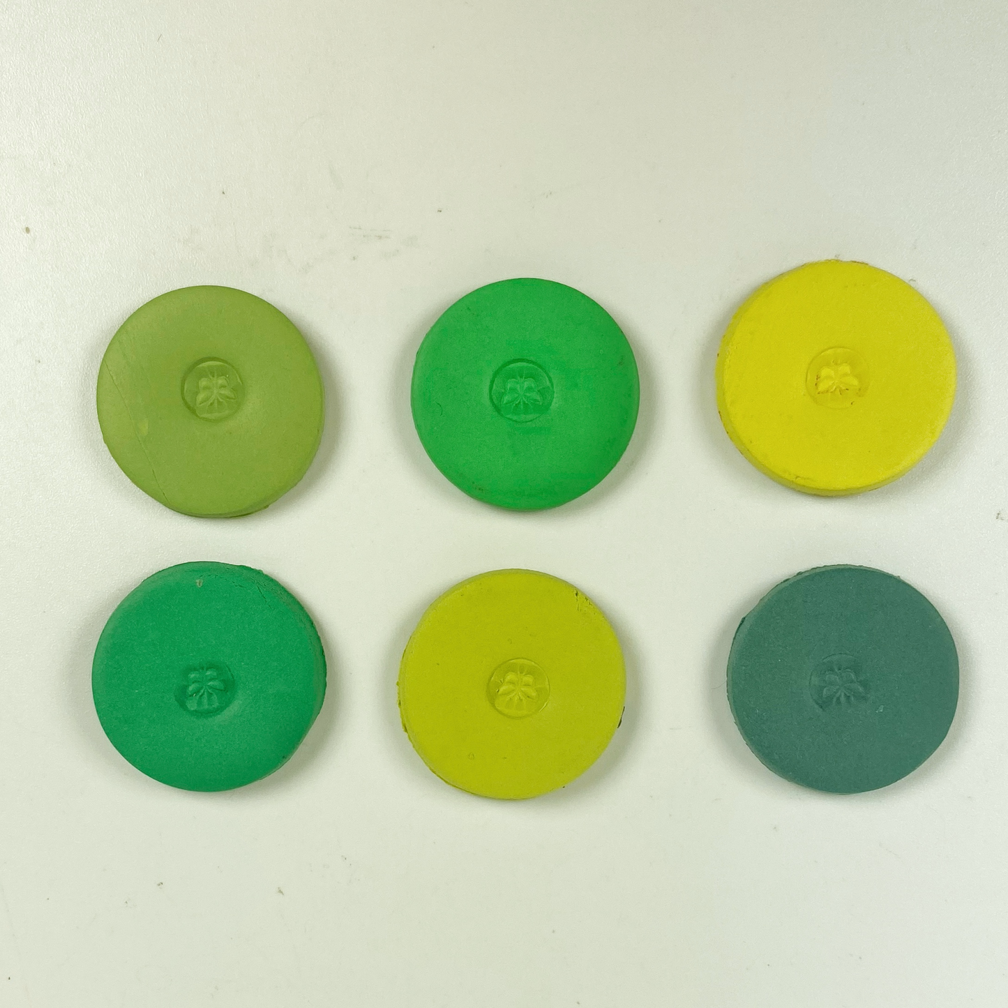 St. Patrick's Day Palette Polymer Clay Color Mixing Tutorial Sample Color Discs in a 2 x 3 arrangement.