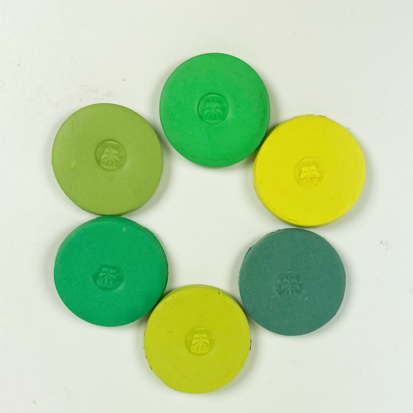 St. Patrick's Day Palette Polymer Clay Color Mixing Tutorial sample color discs arranged in a ring.