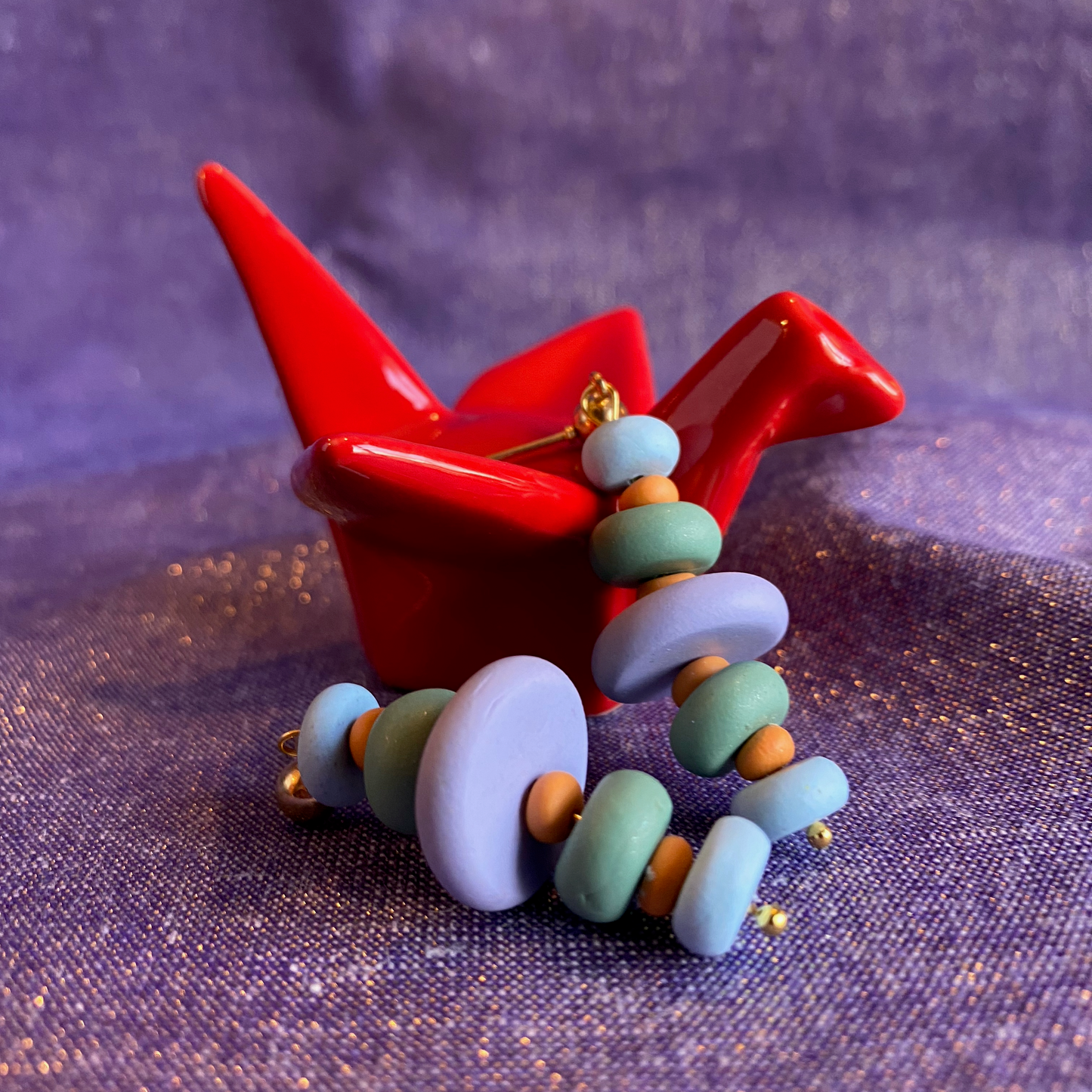 Polymer Clay Cairn Dangle Earrings Handmade with a red origami bird