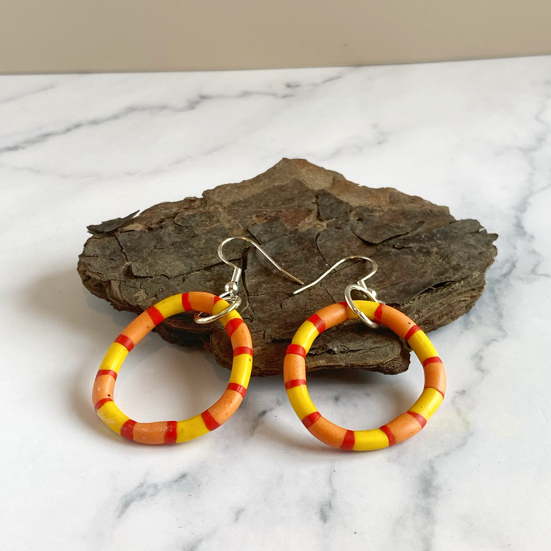 Polymer Clay Rhythms Hoop Earrings in Red Yellow and Orange