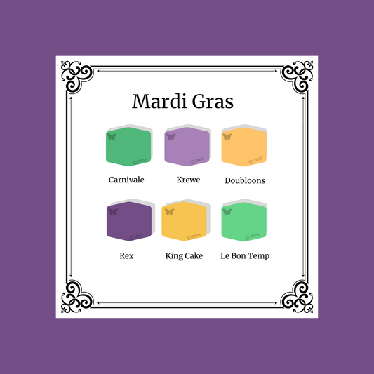 Polymer Clay Color Palette Secret Mardi Gras.  A black and white Victorian frame around 6 hexagons in shades of yellow, gold and purple. 