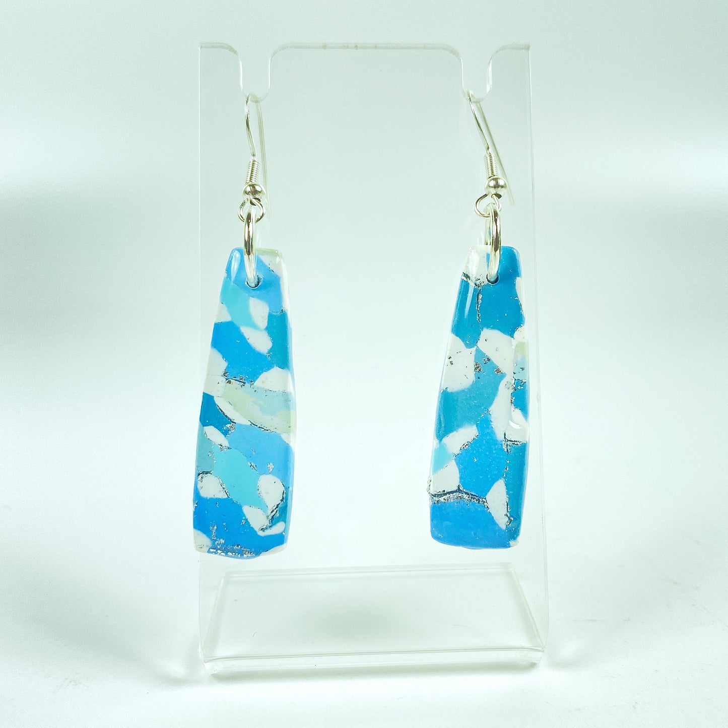 Moody Blues Handmade Polymer Clay Dangle Long Earrings on small acrylic stand