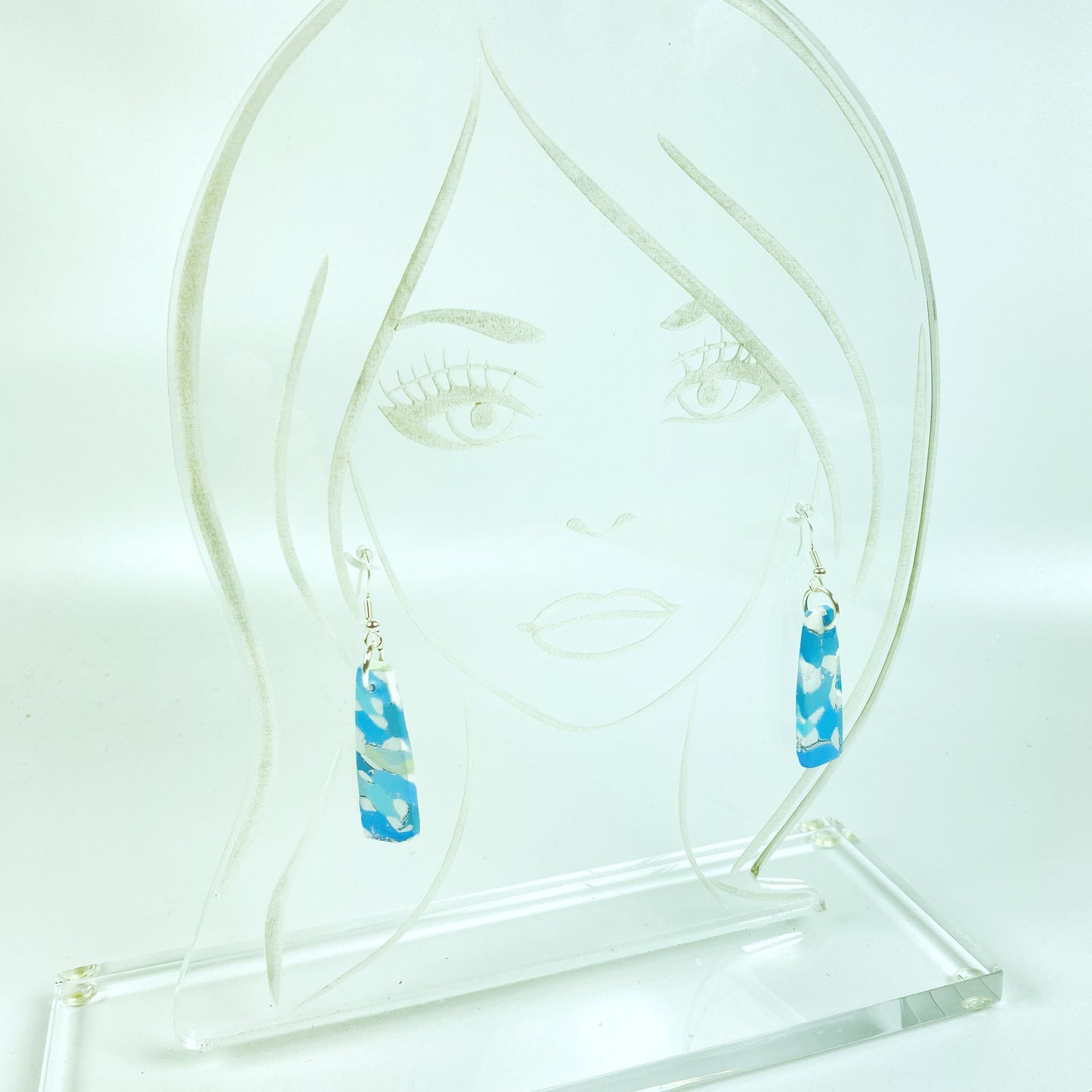 Moody Blues Handmade Polymer Clay Dangle Long Earrings on acrylic display head