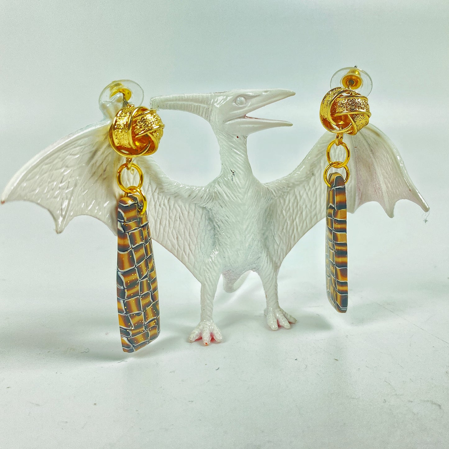 Golden Lattice Polymer Clay Handmade Dangle Earrings with dinosaur