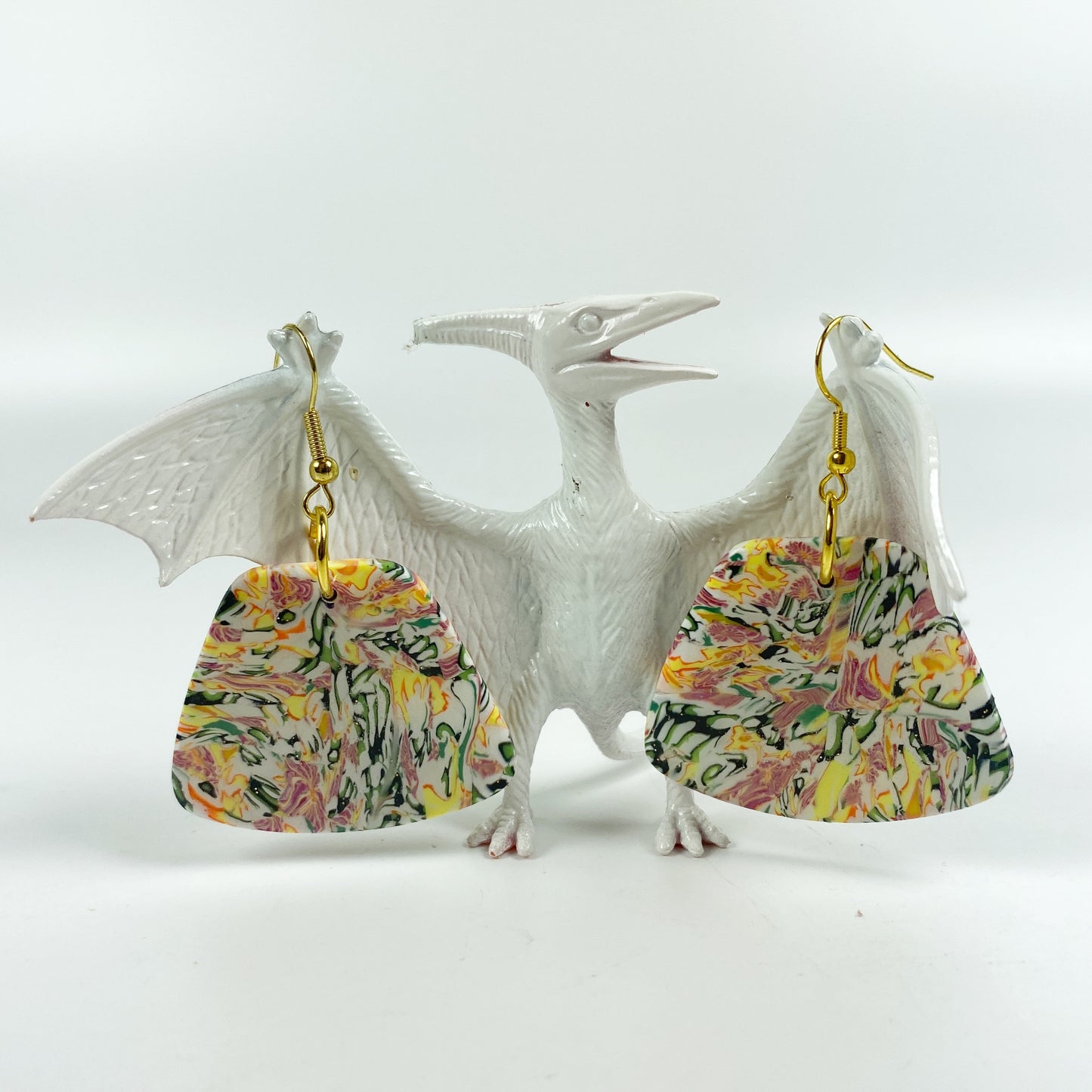 Garden Marbled Handmade Polymer Clay Dangle Earrings with dinosaur