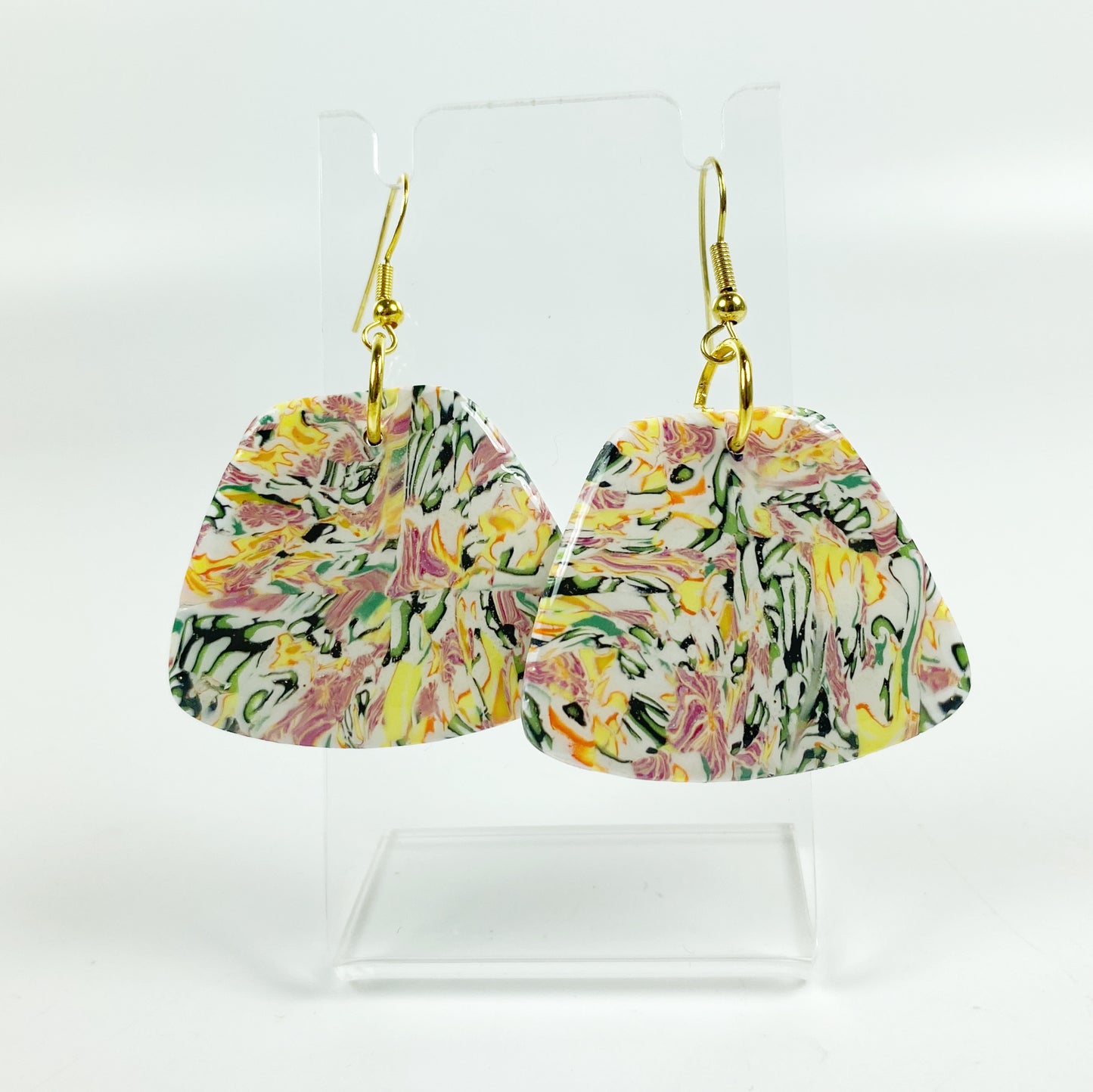 Garden Marbled Handmade Polymer Clay Dangle Earrings on small acrylic display stand