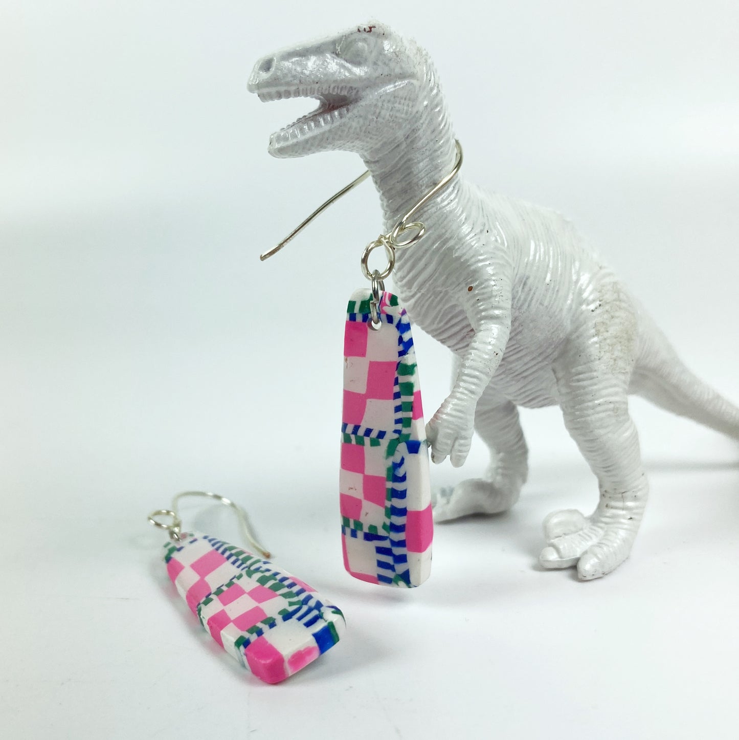 Pink Check Handmade Polymer Clay Dangle Earrings