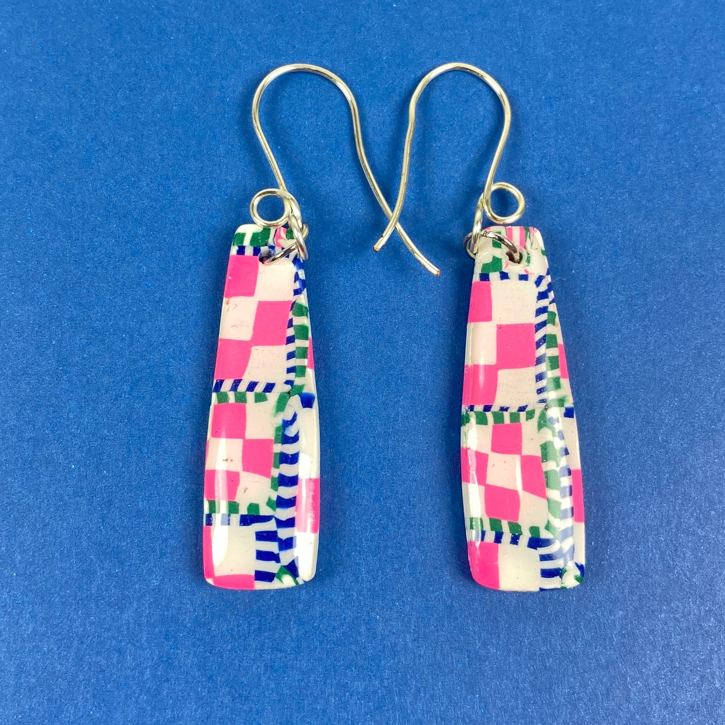 Pink Check Handmade Polymer Clay Dangle Earrings