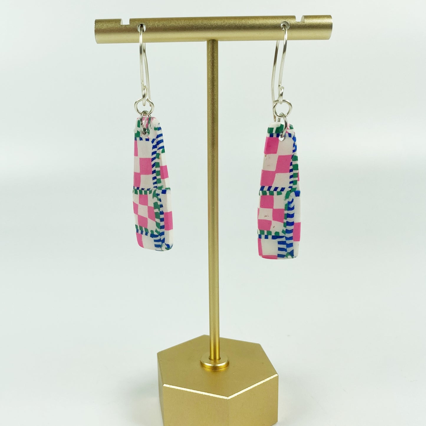 Pink Check Handmade Polymer Clay Dangle Earrings