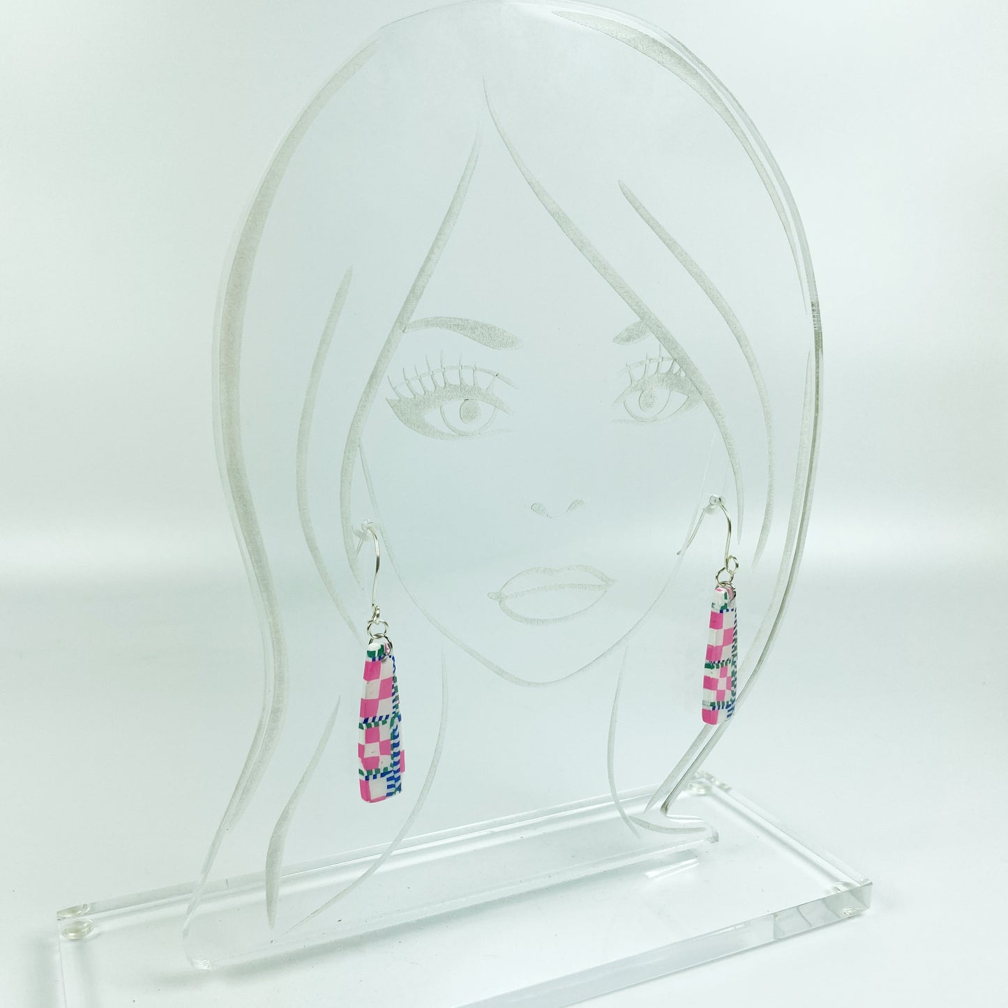 Pink Check Handmade Polymer Clay Dangle Earrings