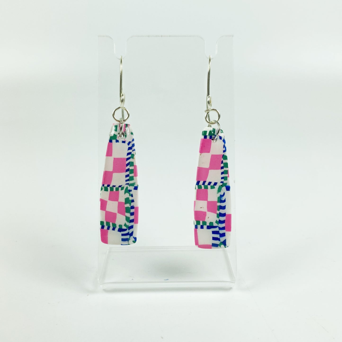 Pink Check Handmade Polymer Clay Dangle Earrings