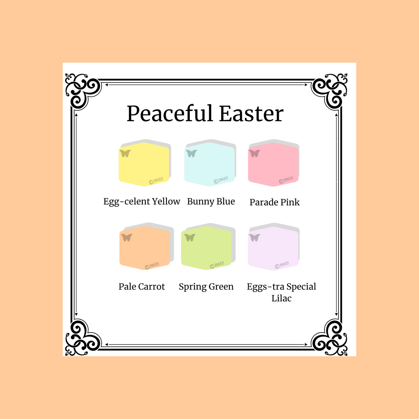 Polymer Clay Color Palette Peaceful Easter.  A black and white Victorian frame around 6 hexagons in serene pastel shades..  