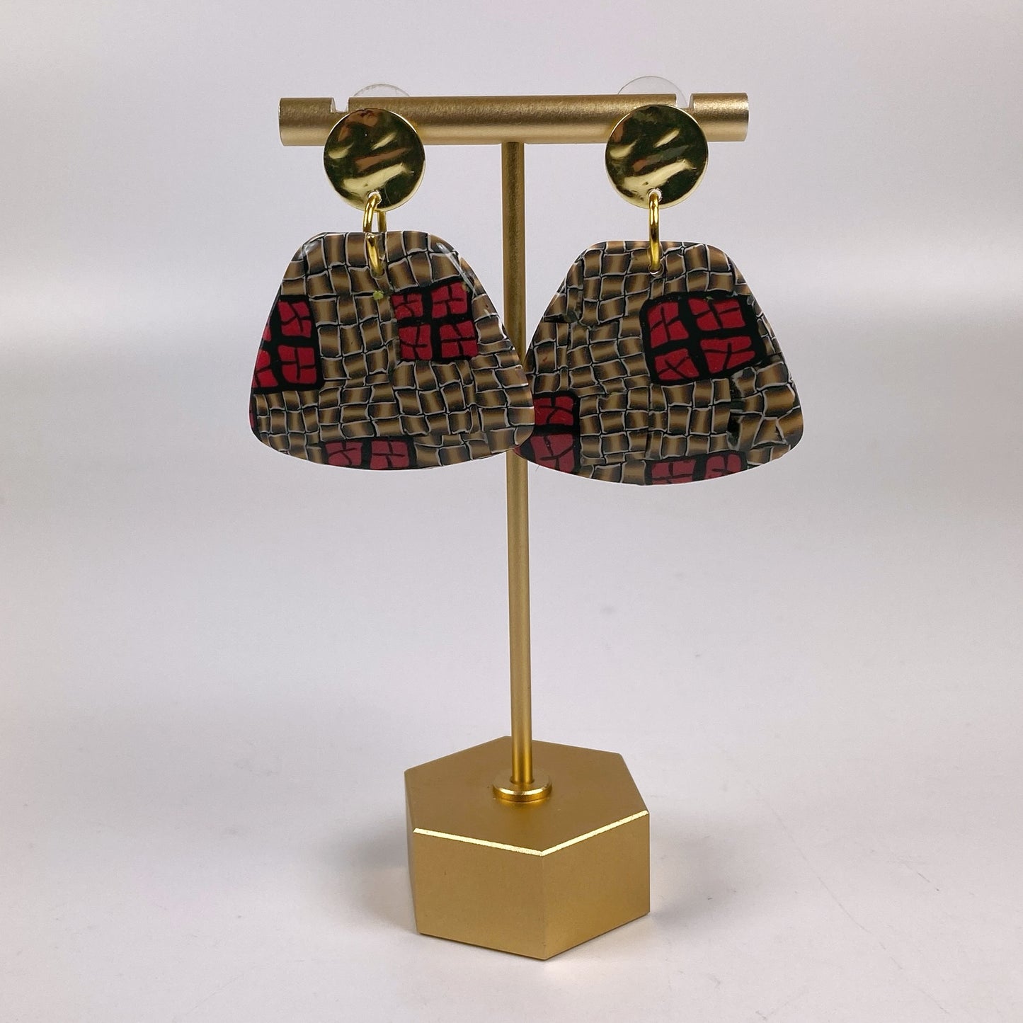 Polymer Clay Handmade Earrings, Red and Gold Lattice