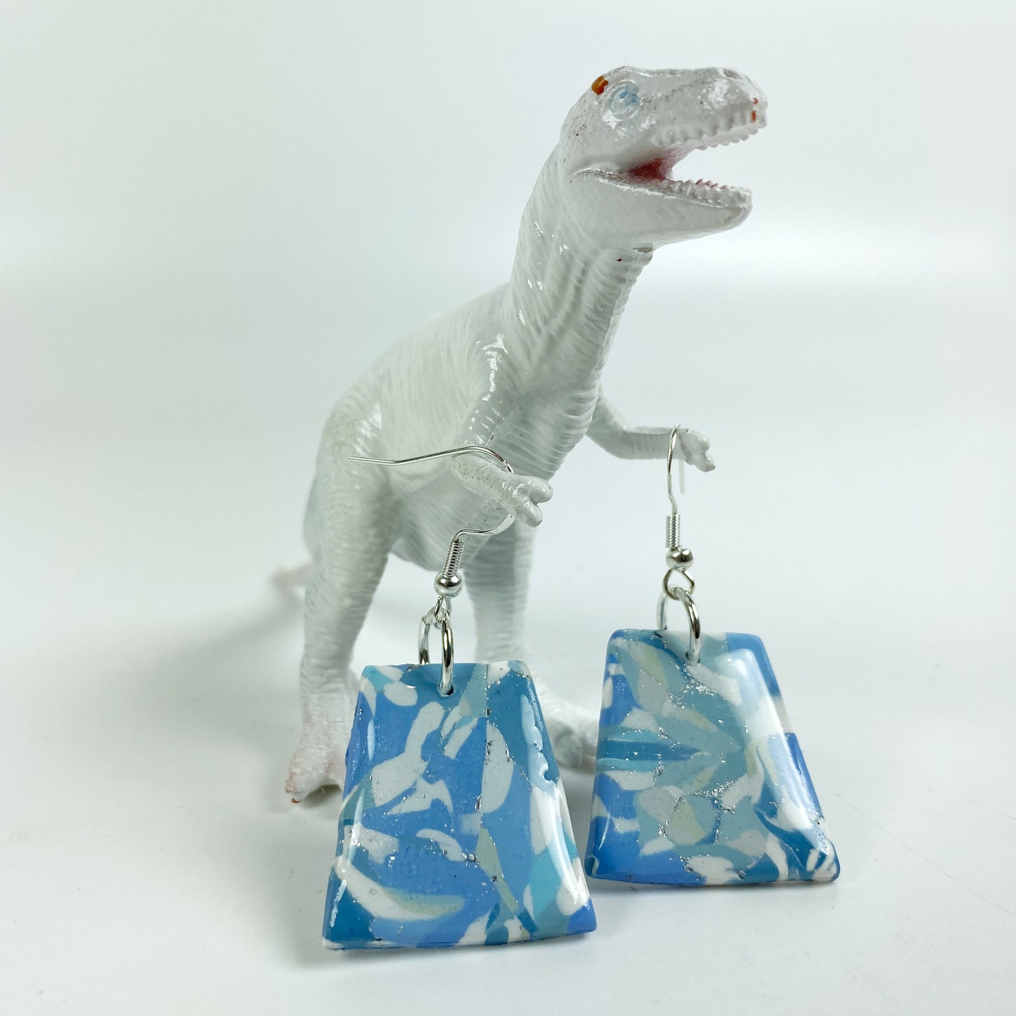 Moody Blue Handmade Polymer Clay Dangle Trapezoid Earrings with dinosaur