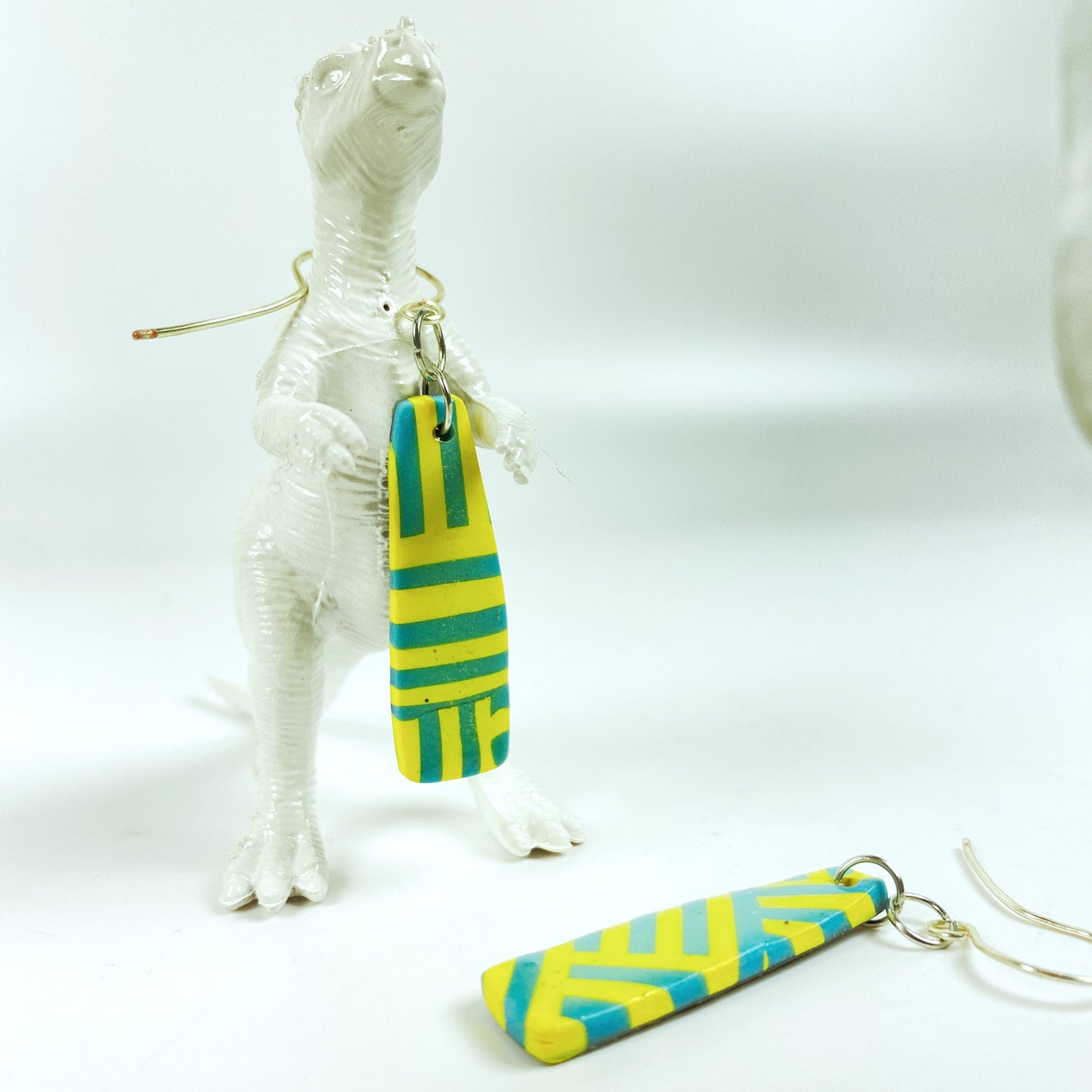 Turquoise & Yellow Braid Handmade Polymer Clay Dangle Earrings witn dinosaur
