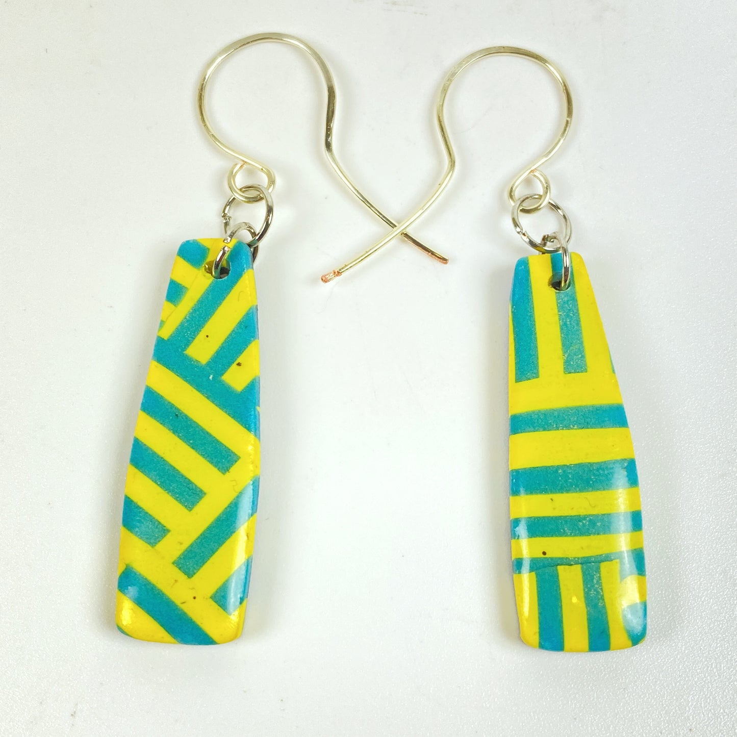 Turquoise & Yellow Braid Handmade Polymer Clay Dangle Earrings front view, white background