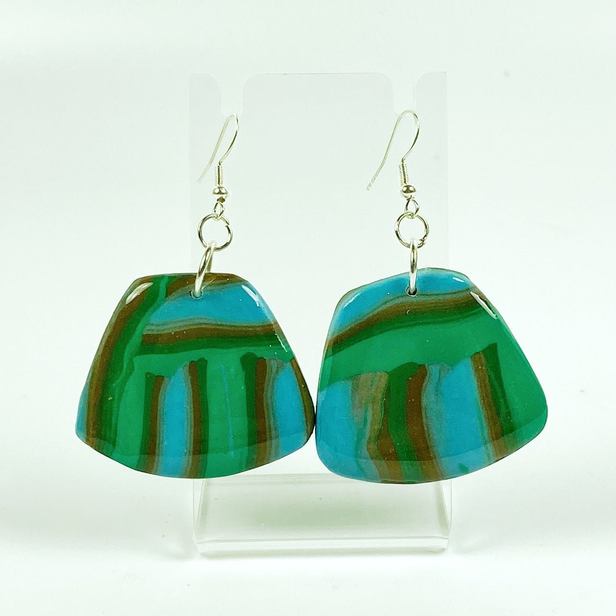 Hip Stripes Handmade Polymer Clay Dangle Earrings on small acrylic display stand