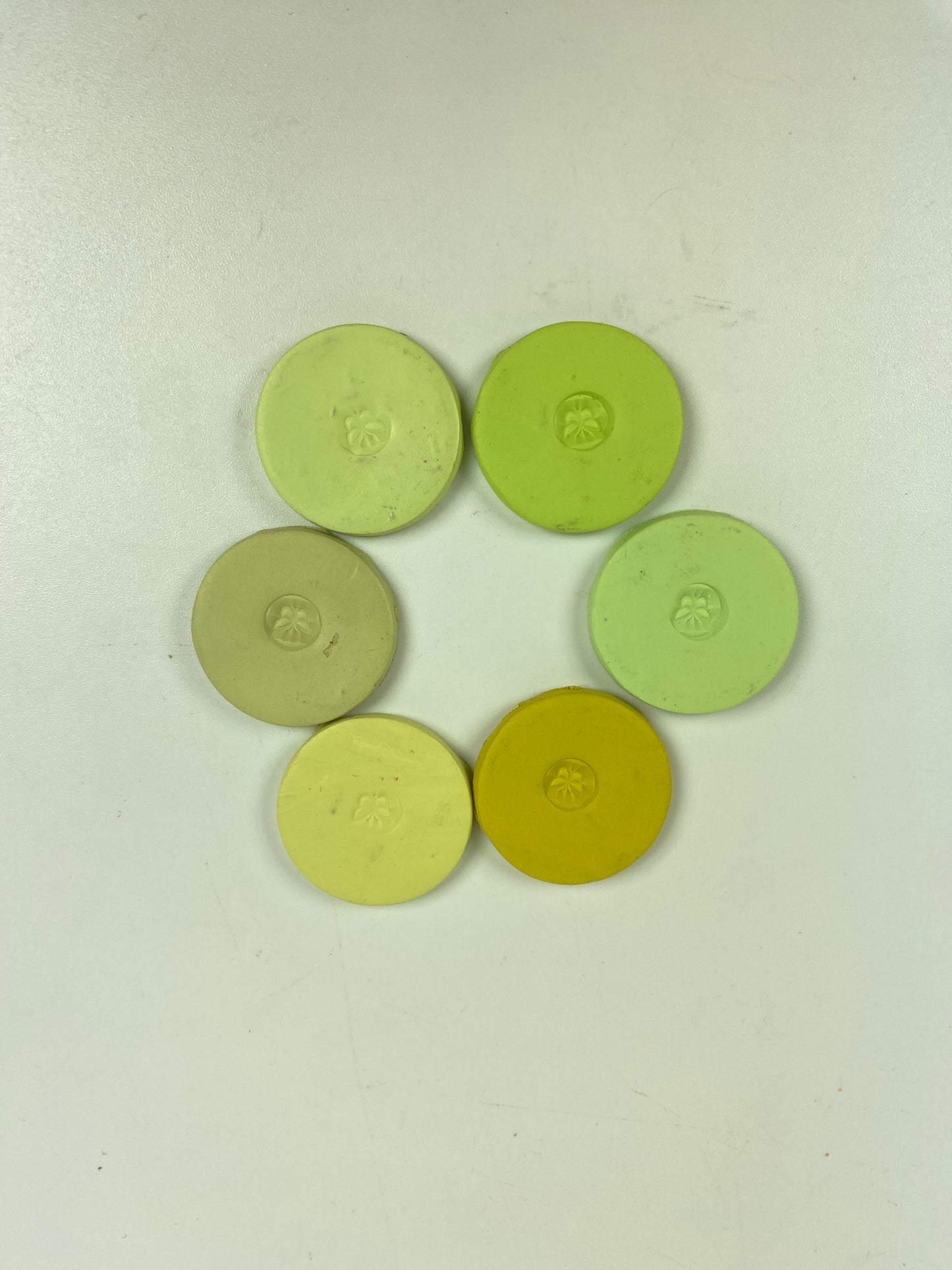 Polymer Clay Spring Greens 6 color palette clay discs in a circle