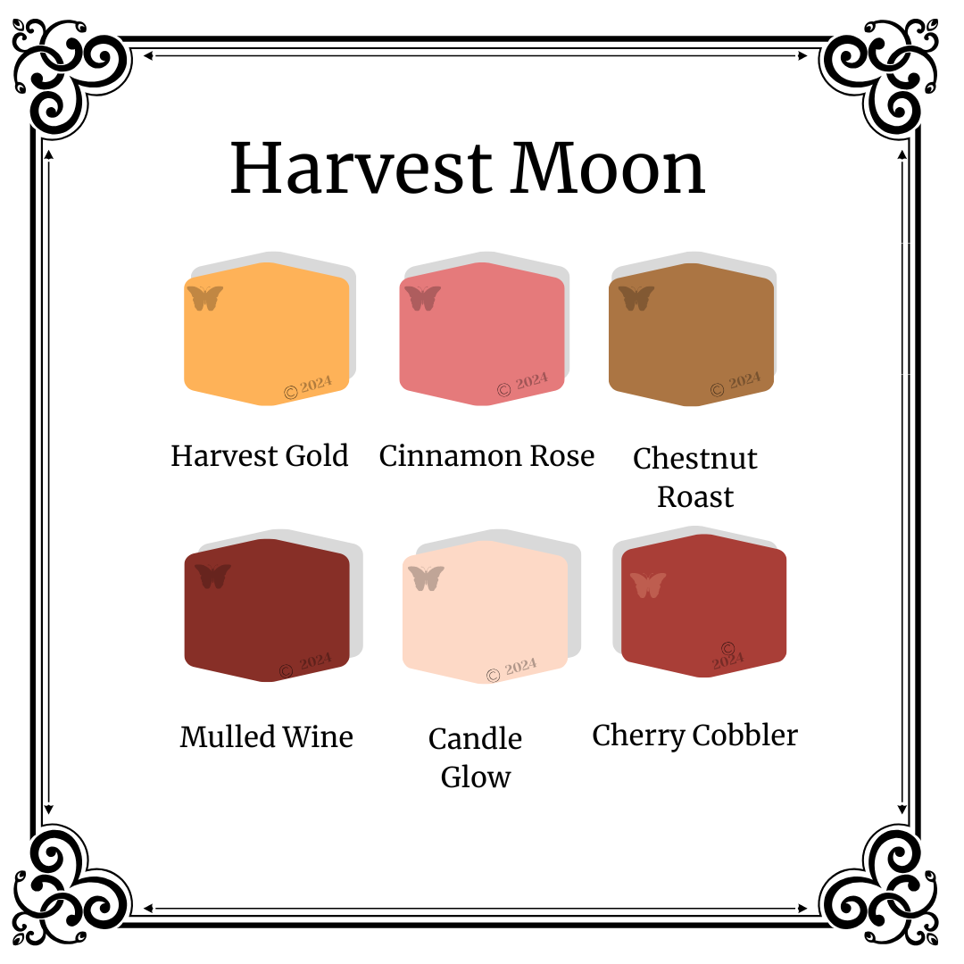 Color swatches labeled 'Harvest Gold', 'Cinnamon Rose', 'Chestnut Roast', 'Mulled Wine', 'Candle Glow', and 'Cherry Cobbler' with 'Harvest Moon' branding.