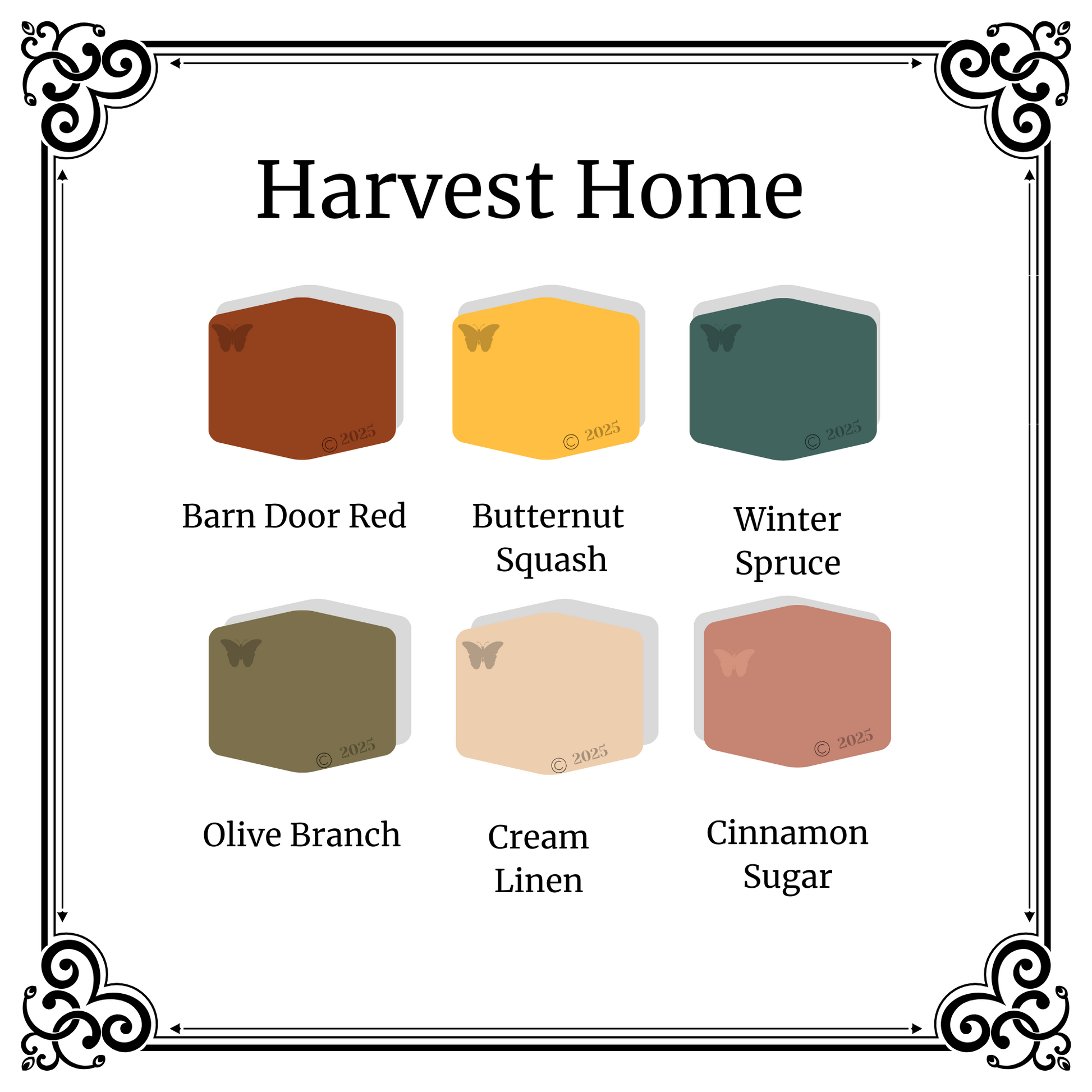 The 6 color palette of Harvest home: Barn Door Red, Butternut Squash, Winter Spruce, Olive Branch, Cream Linen and Cinnamon Sugar on a white background