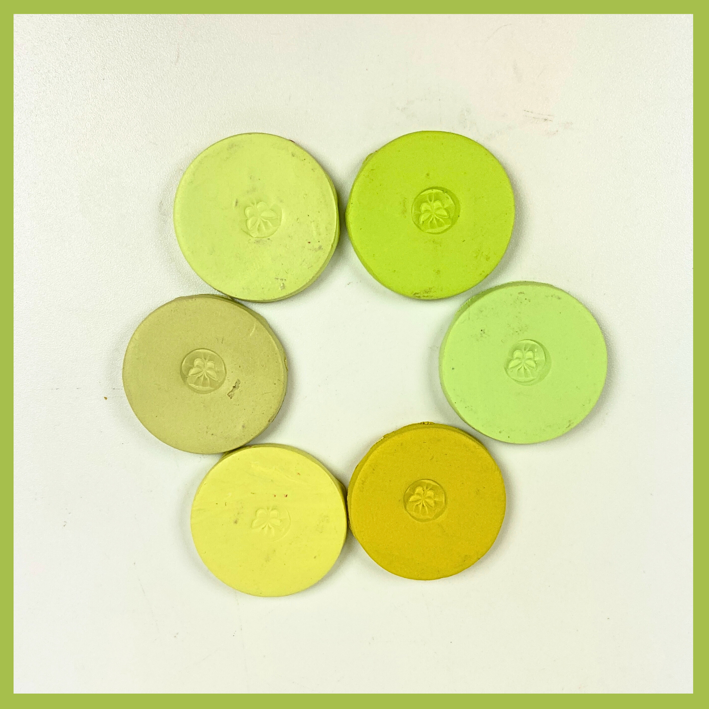 Spring Green Polymer Clay Palette sample discs in a circle
