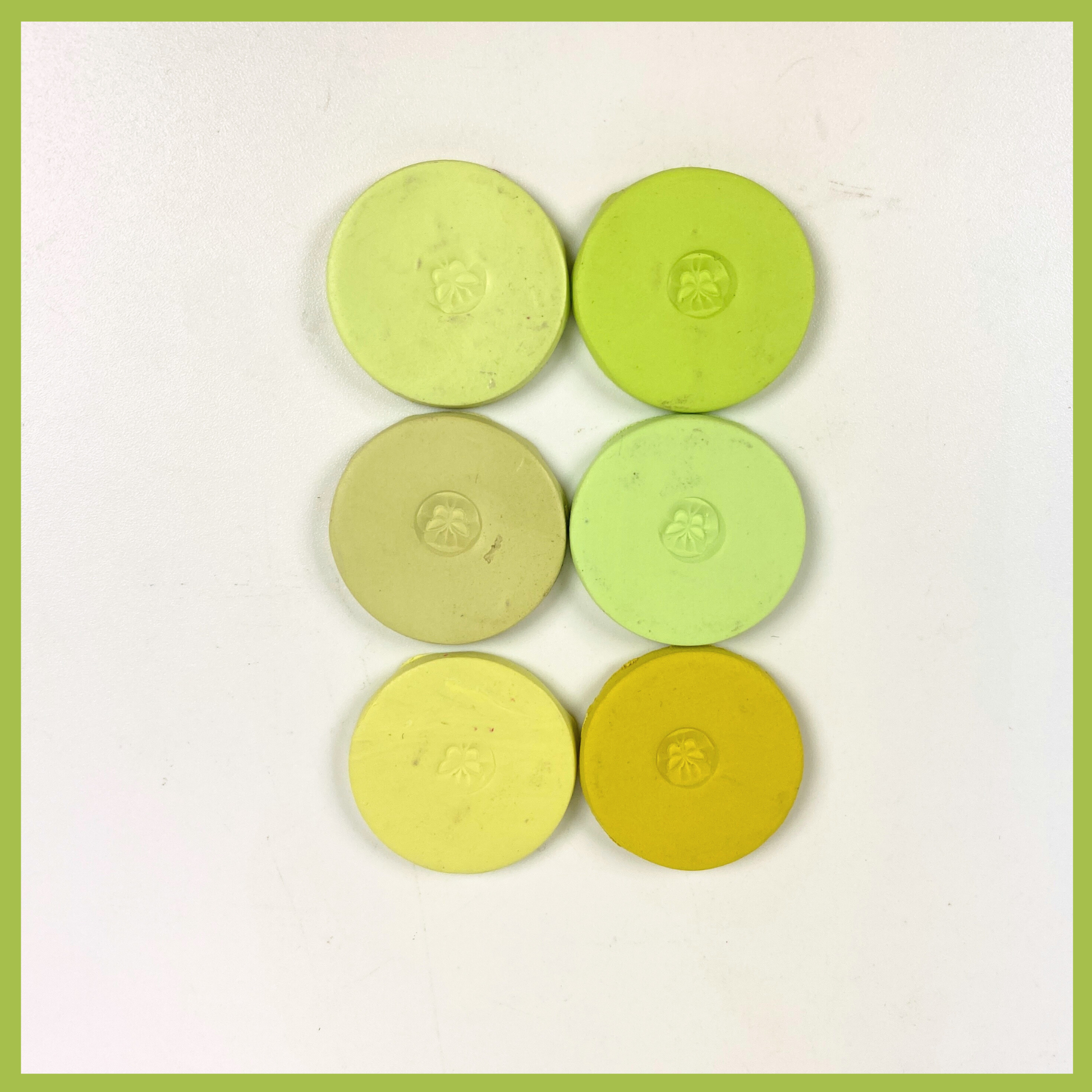 Spring Green Polymer Clay Palette sample discs in 2 x 3 layout