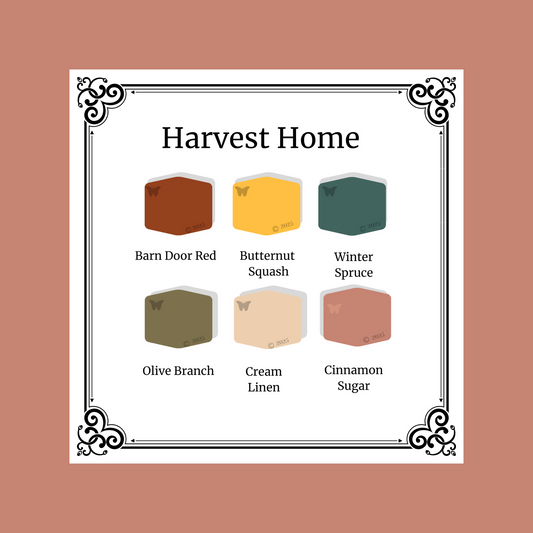 The 6 color palette of Harvest home: Barn Door Red, Butternut Squash, Winter Spruce, Olive Branch, Cream Linen and Cinnamon Sugar on a Cinnamon Sugar background