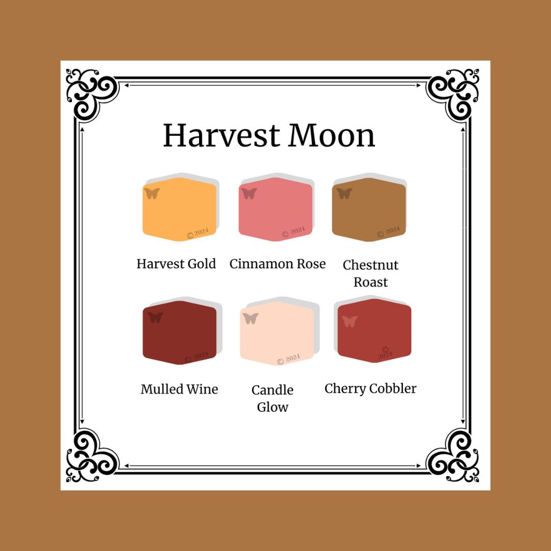 Color swatches labeled 'Harvest Gold', 'Cinnamon Rose', 'Chestnut Roast', 'Mulled Wine', 'Candle Glow', and 'Cherry Cobbler' on a brown background with 'Harvest Moon' text.
