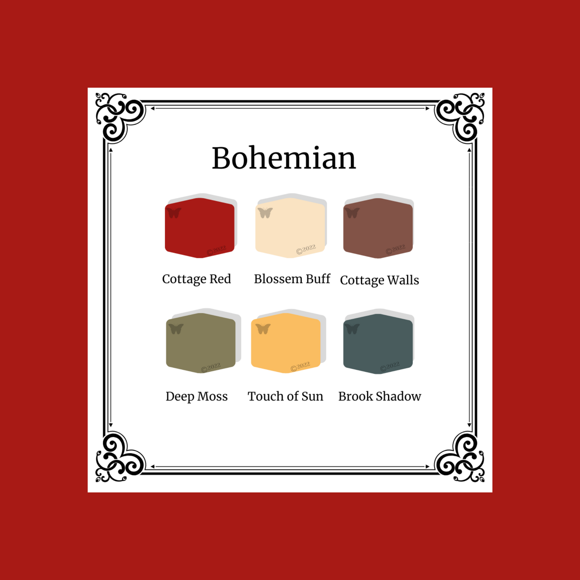 Polymer Clay Bohemian 6 color palette on a cottage red background