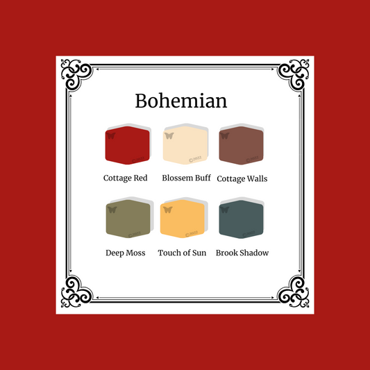 Bohemian 6 color palette on a cottage red background
