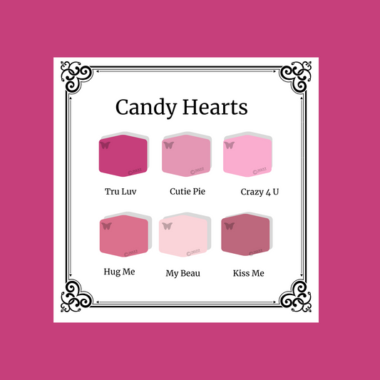 Candy Hearts 6 color palette on a Tru Luv background