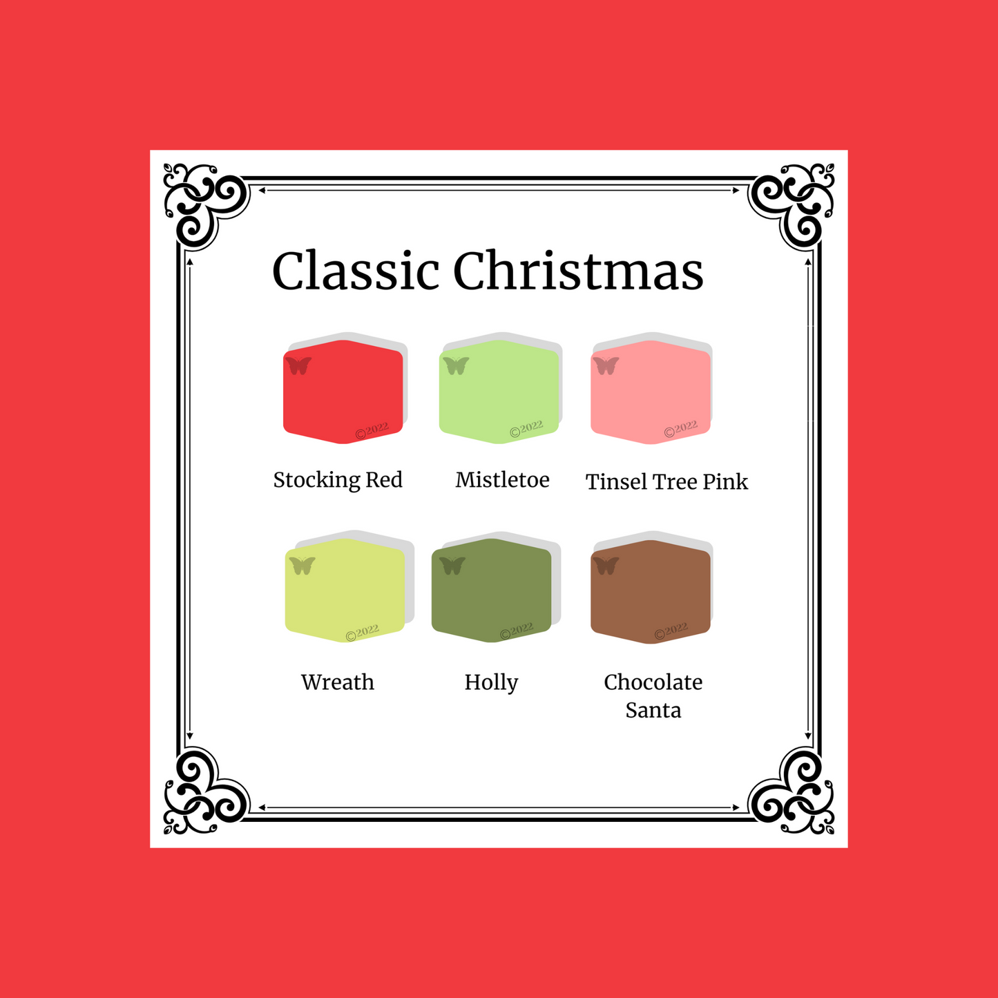 Classic Christmas 6 color palette on a stocking red background