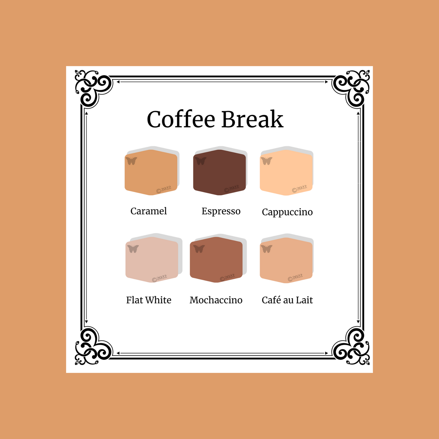 Coffee Break Palette showing all 6 colors on a caramel background