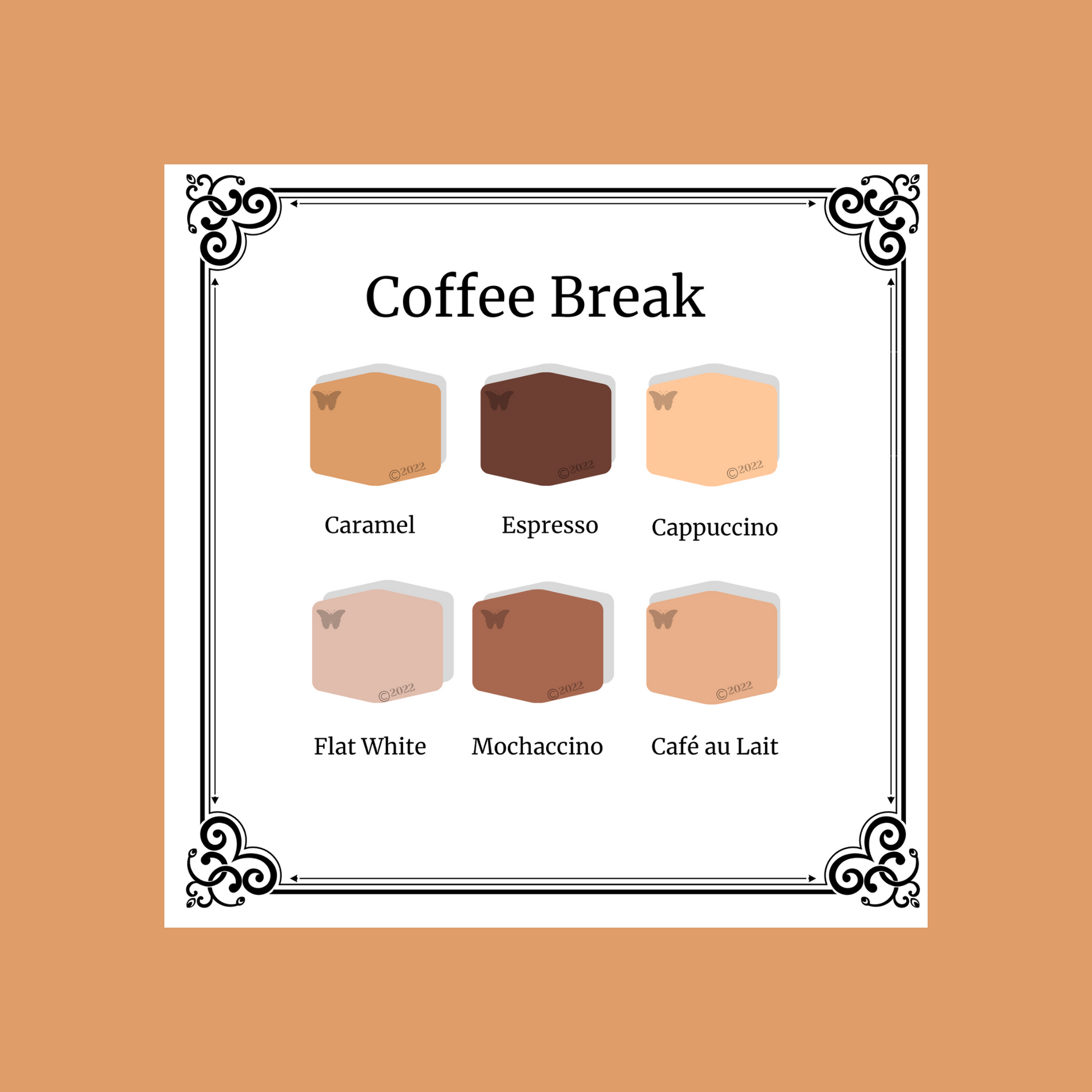 Coffee Break Palette showing all 6 colors on a caramel background