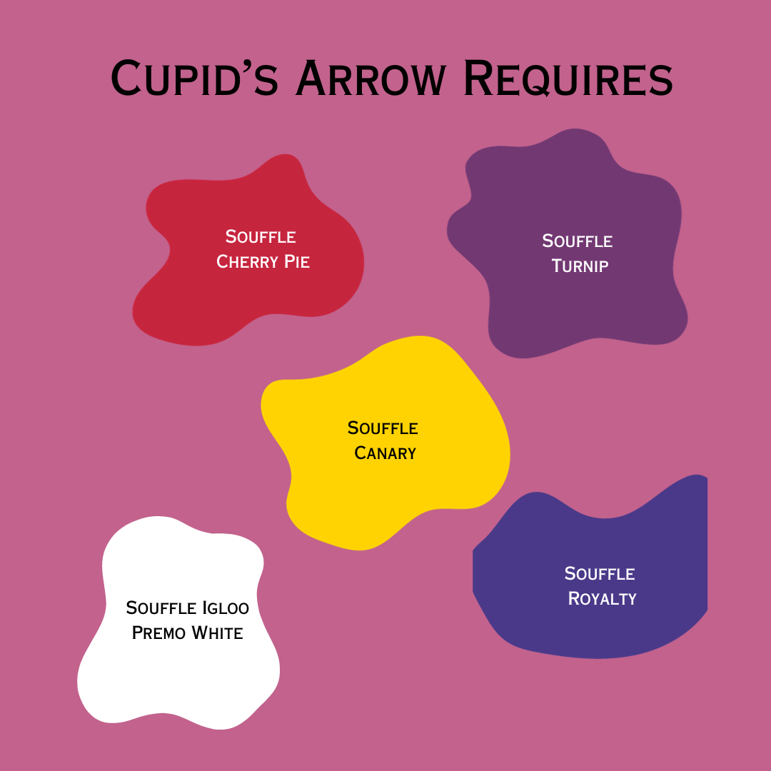 Polymer Clay Cupid’s Arrow Color Palette showing the colors of Souffle Clay required to mix these 6 colors: Cherry Pie Red, Turnip Magenta, Canary Yellow, Royalty Purple, and Igloo White..