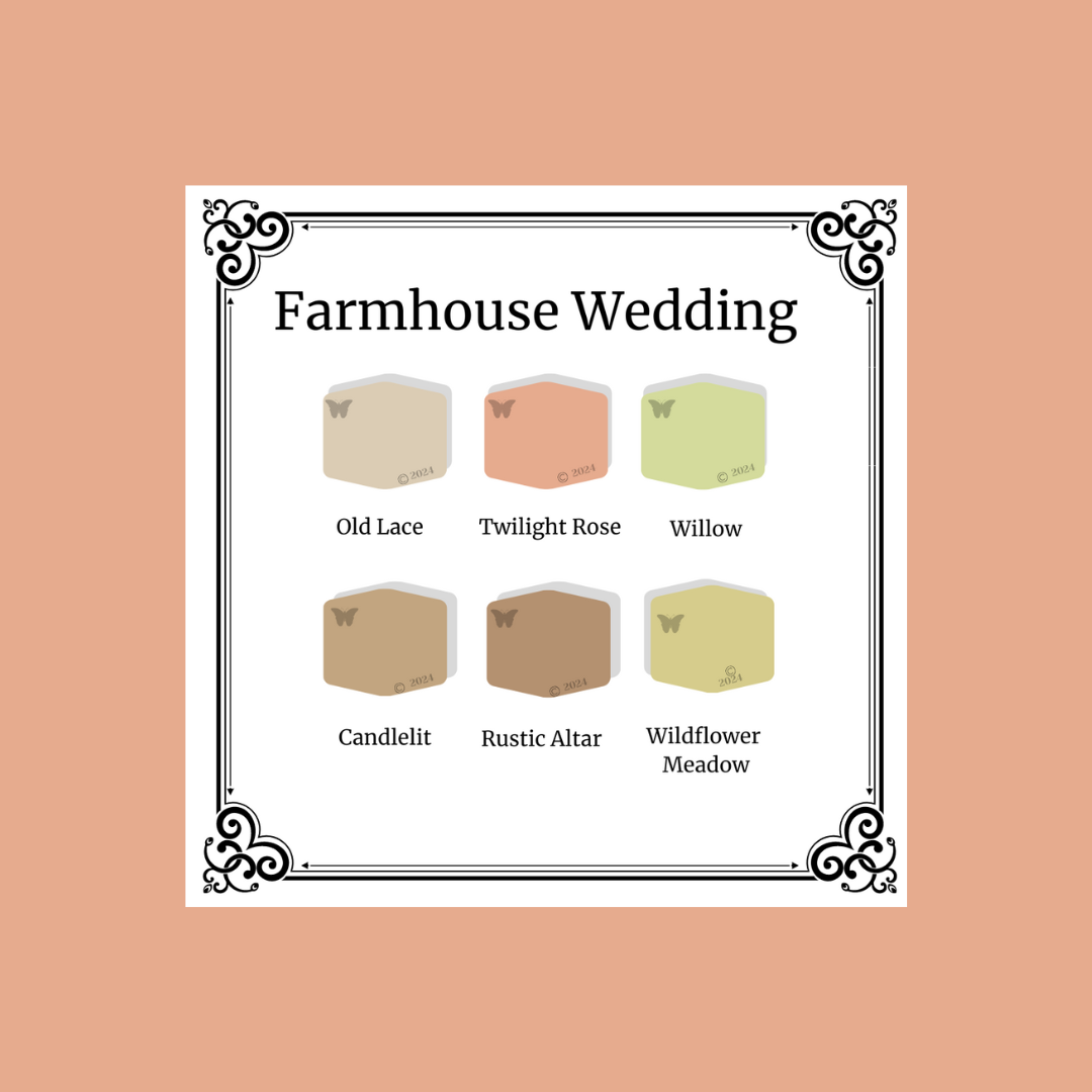 Farmhouse Wedding Palette showing all  6 colors in a warm neutral frame:  old lace, twilight rose, willow, candlelit, Rustic Alter and wildflower Meadow
