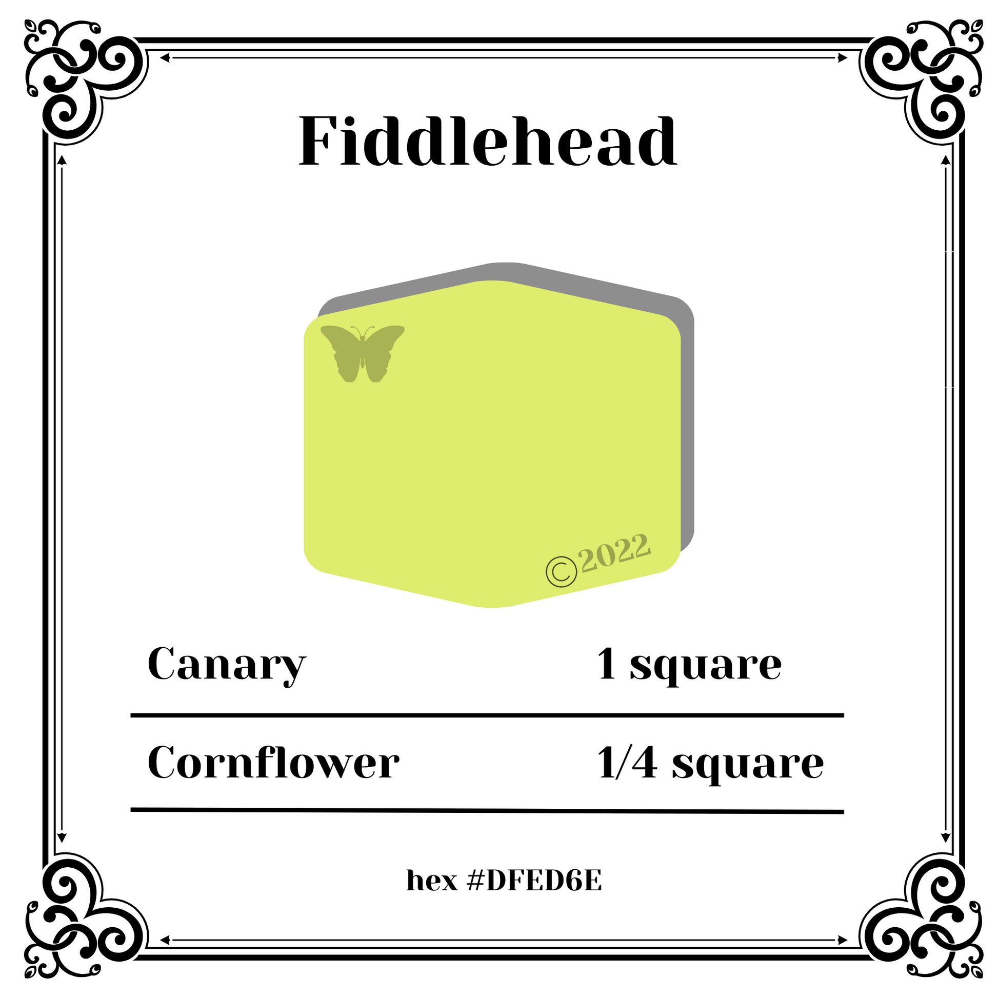 A sample polymer clay color recipe for Fiddlehead green.  It uses 1 square of Sculpey Souffle Canary (a bright yellow) and 1/4 square of Robin's Egg Blue.  Hex code for Fiddlehead is DDEB6F.