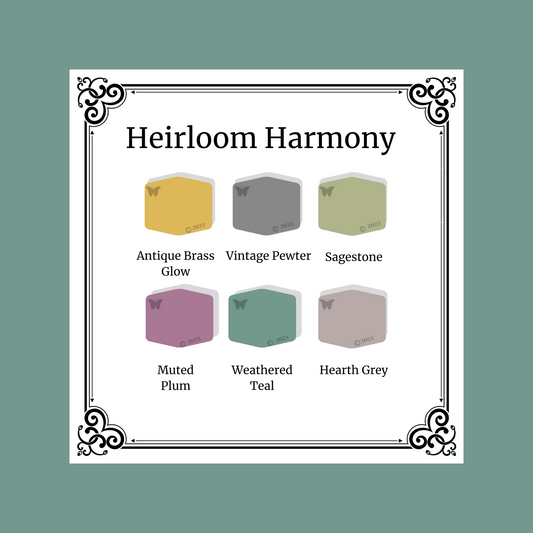 6 Color Page Polymer Clay Color Palette Heirloom Harmony.  Polymer Clay Color Palette Heirloom Harmony.  A black and white Victorian frame around 6 hexagons in muted shades of treasured heirlooms.  