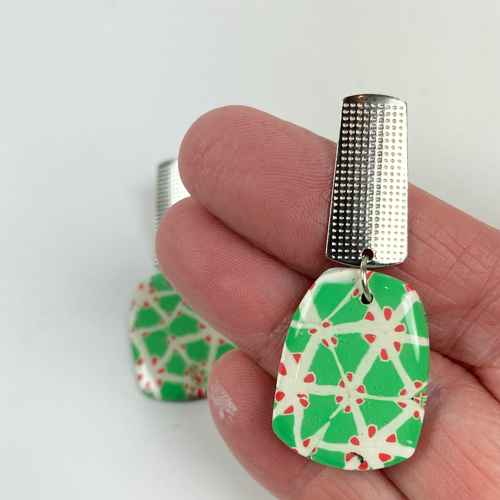 Garden Lattice Handmade Polymer Clay Dangle Earrings handheld for size reference
