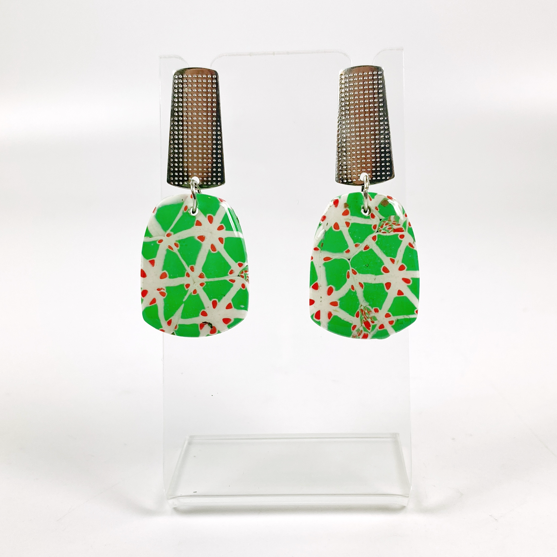 Garden Lattice Handmade Polymer Clay Dangle Earrings on small acrylic display