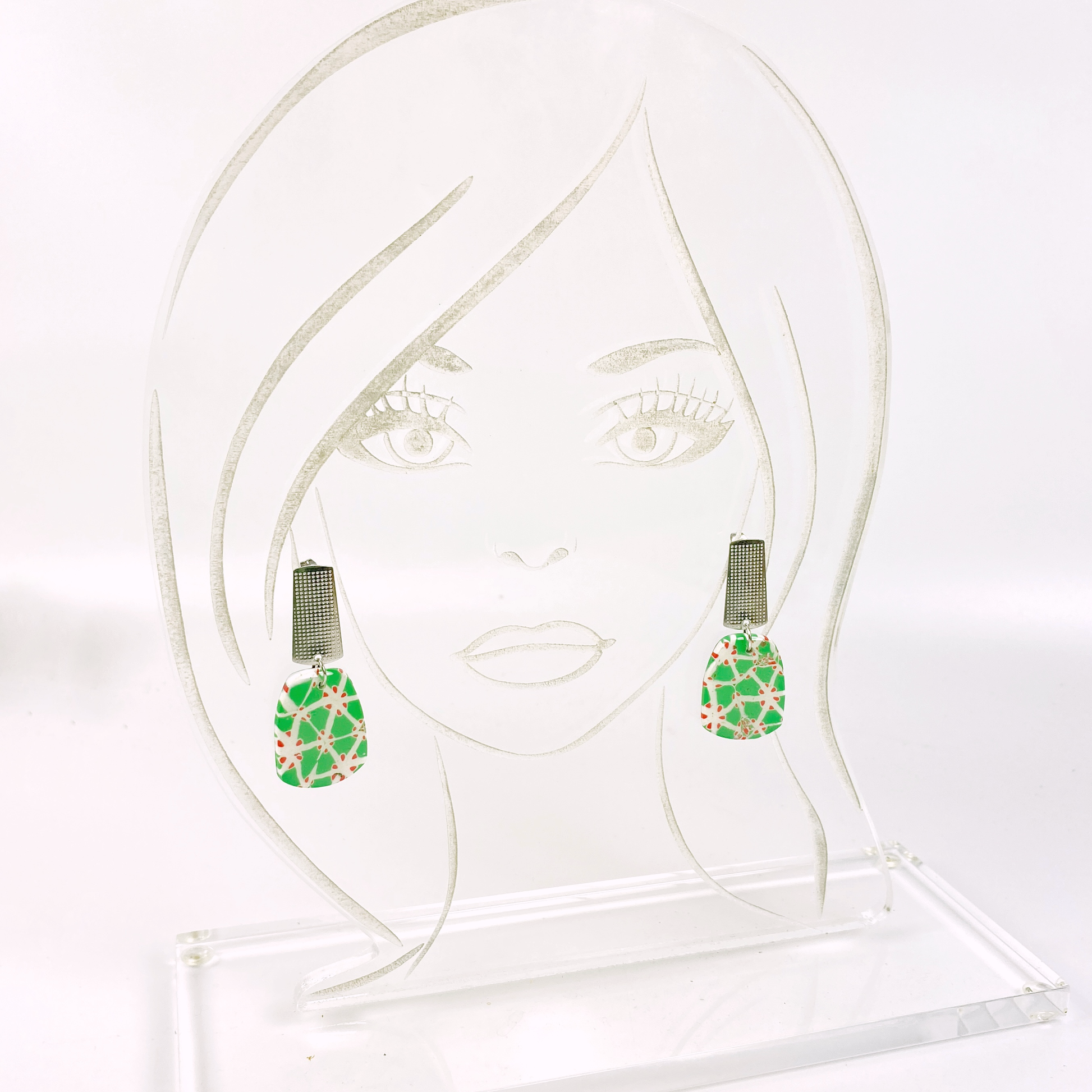 Garden Lattice Handmade Polymer Clay Dangle Earrings on acrylic display head