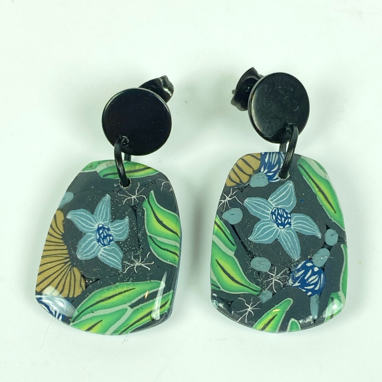 Blue Blossom Handmade Polymer Clay Earrrings on a white background