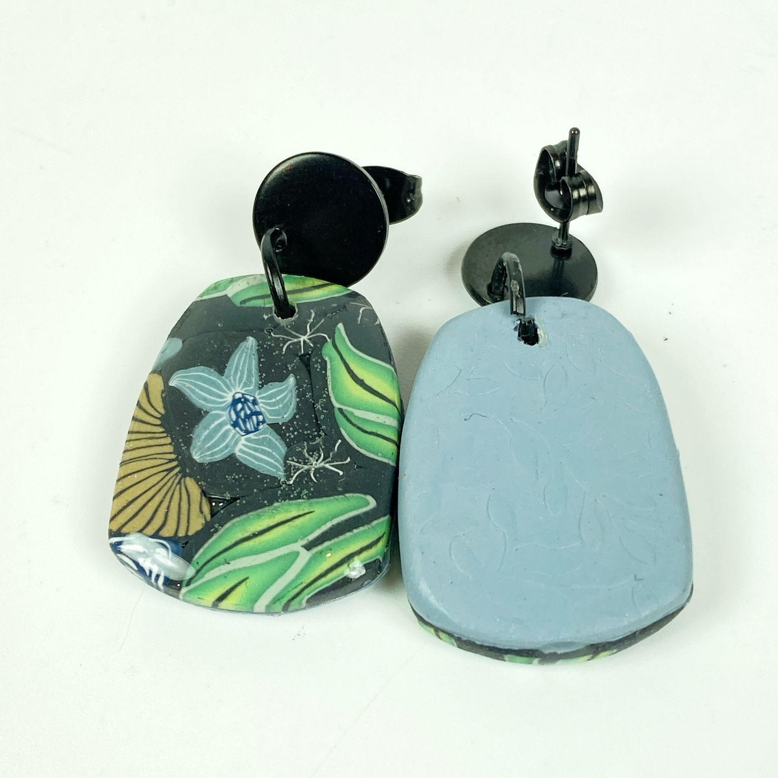 Blue Blossom Handmade Polymer Clay Earrrings showing the French blue back of earring