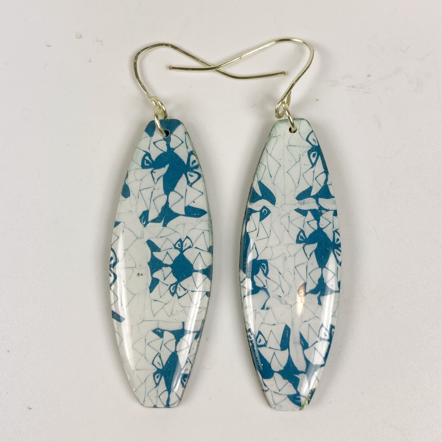Denim Chic Handmade Polymer Clay Dangle Earrings on a white background