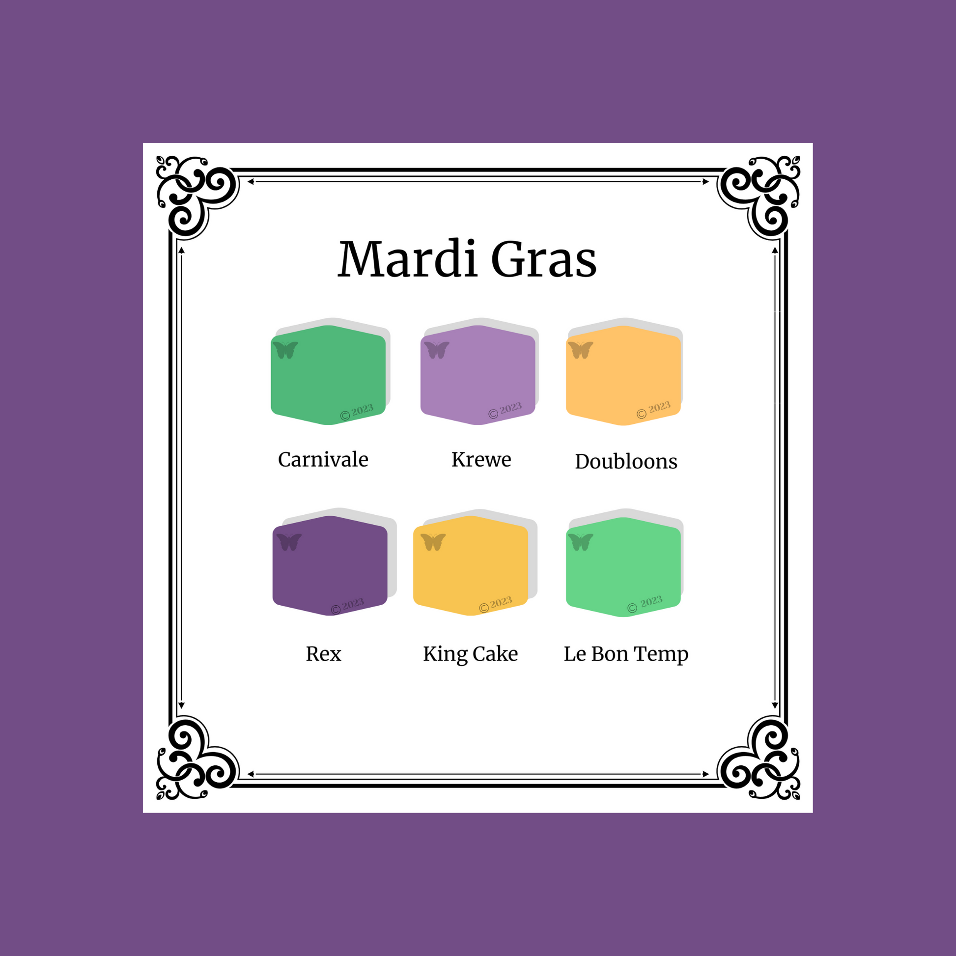 Polymer Clay Color Palette Secret Mardi Gras.  A black and white Victorian frame around 6 hexagons in shades of yellow, gold and purple. 