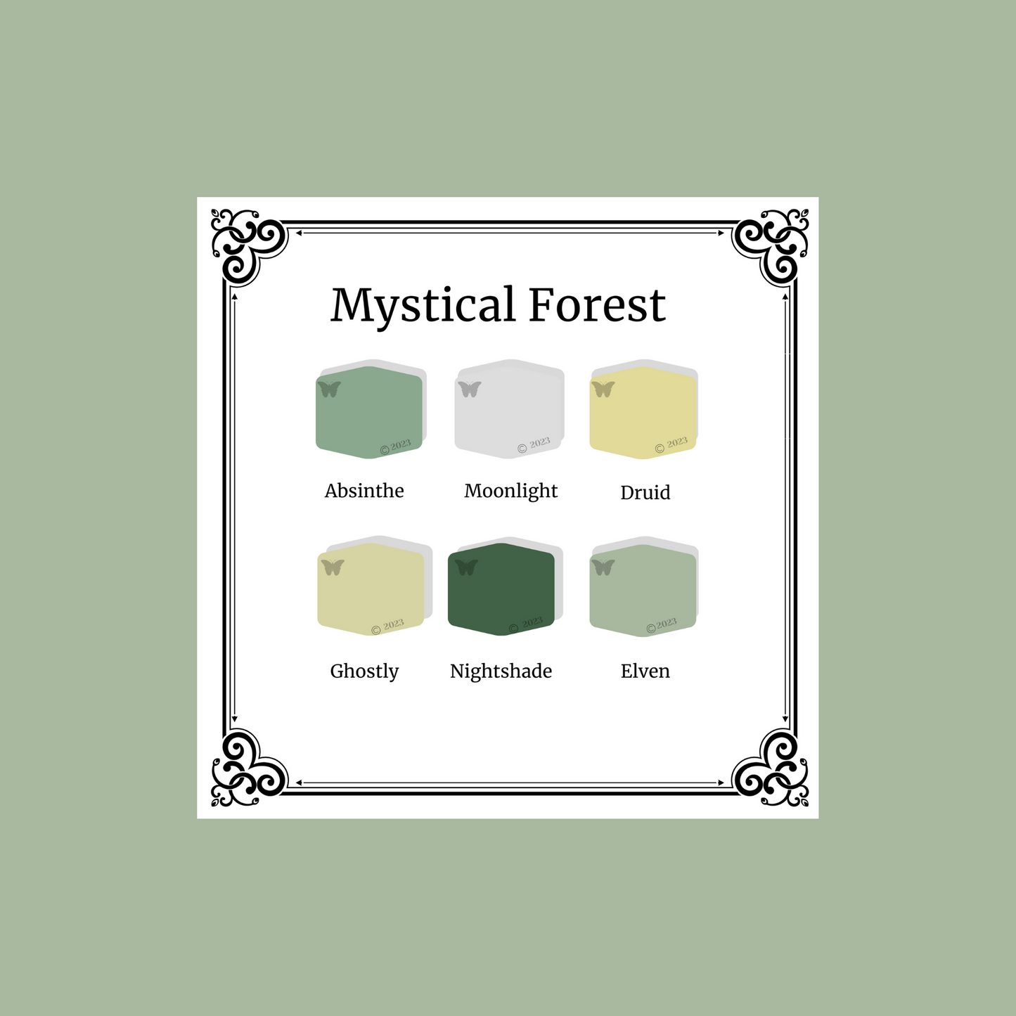Mystical Forest Polymer Clay 6 color palette with elven green background