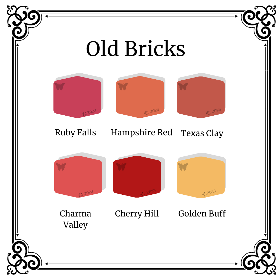 In this Old Bricks palette, the colors are Ruby Falls, Hampshire Red, Texas Clay, Charma Valley, Cherry Hill and Golden Buff